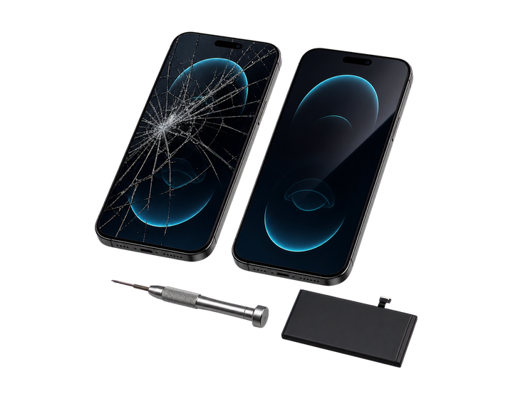 Cracked and repaired smartphone with repair tools