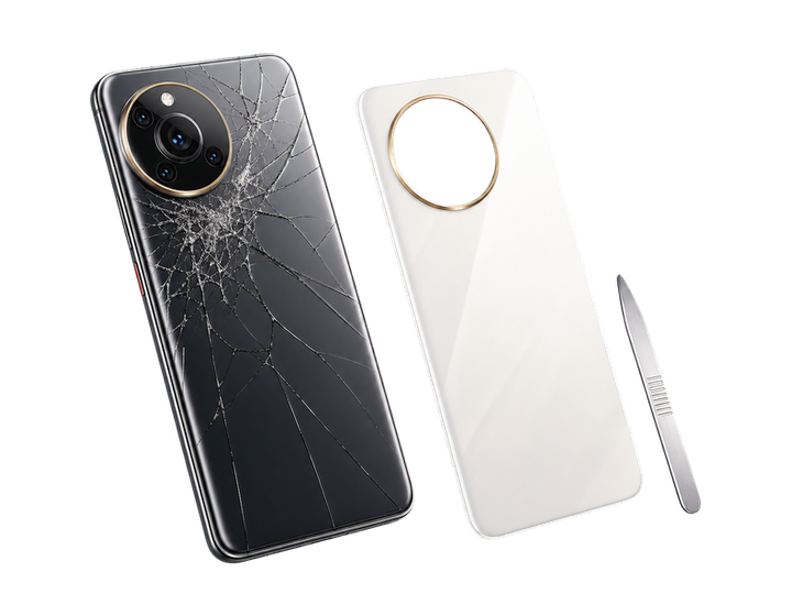 Cracked phone back glass beside replacement cover